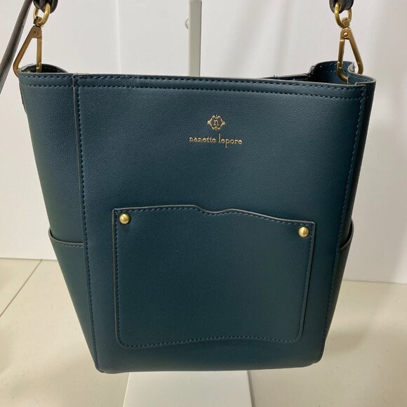 Nanette Lepore Monty Bucket Vegan Leather Structured Handbag Purse Womens Green - Picture 4 of 9